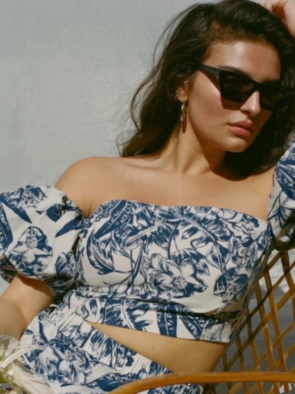 Abercrombie & Fitch White and Navy Blue Floral Smocked Crop Top